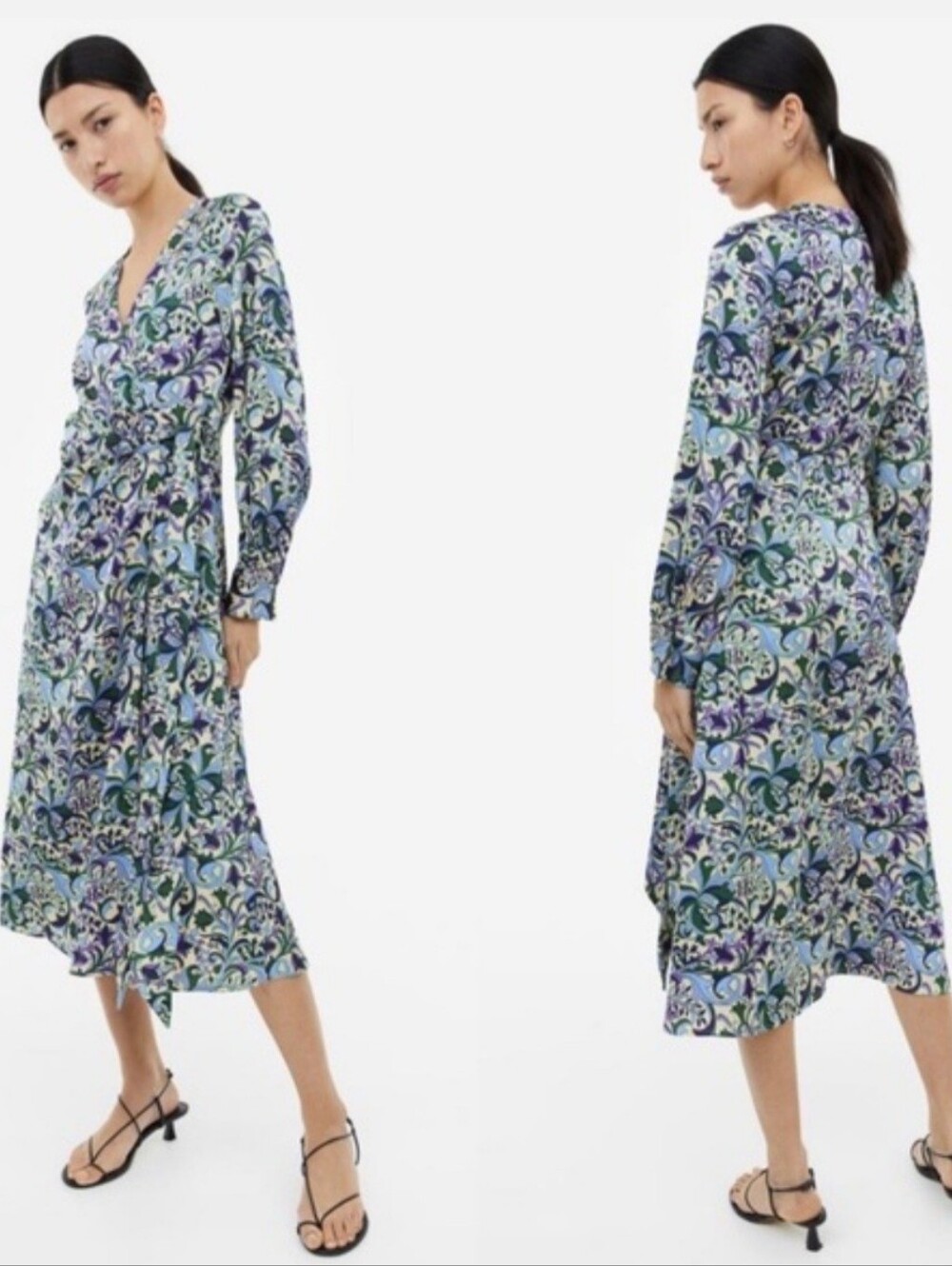 H&M True Wrap Midi Dress Sz M Bold Floral Long Balloon Sleeve V Neck Tie Waist
